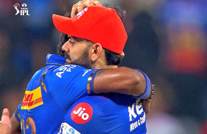 Virat Kohli hugs Hardik Pandya after the IPL 2024 match